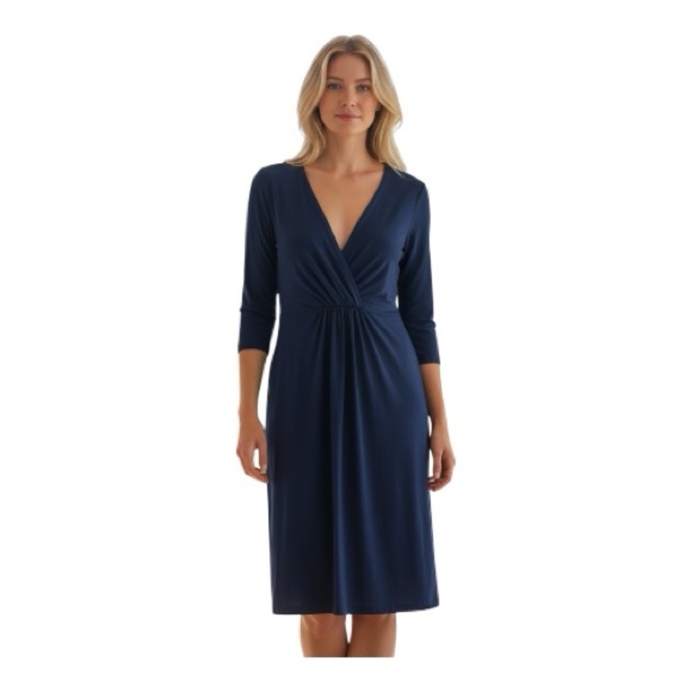 Talbots Jersey Knit Navy  3/4 Sleeve V Neck Surplice Sheath Dress LP Clean Girl